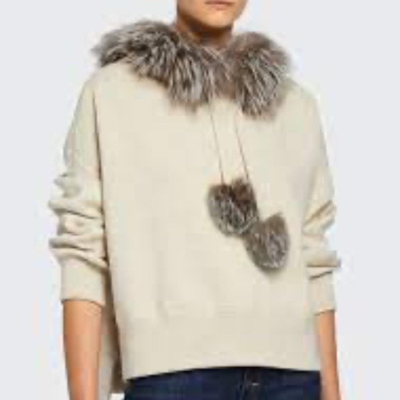 ALICE AND OLIVIA Oscar Silver Fox Fur-trim Hooded Sweater In Oatmeal - Picture 5 of 9
